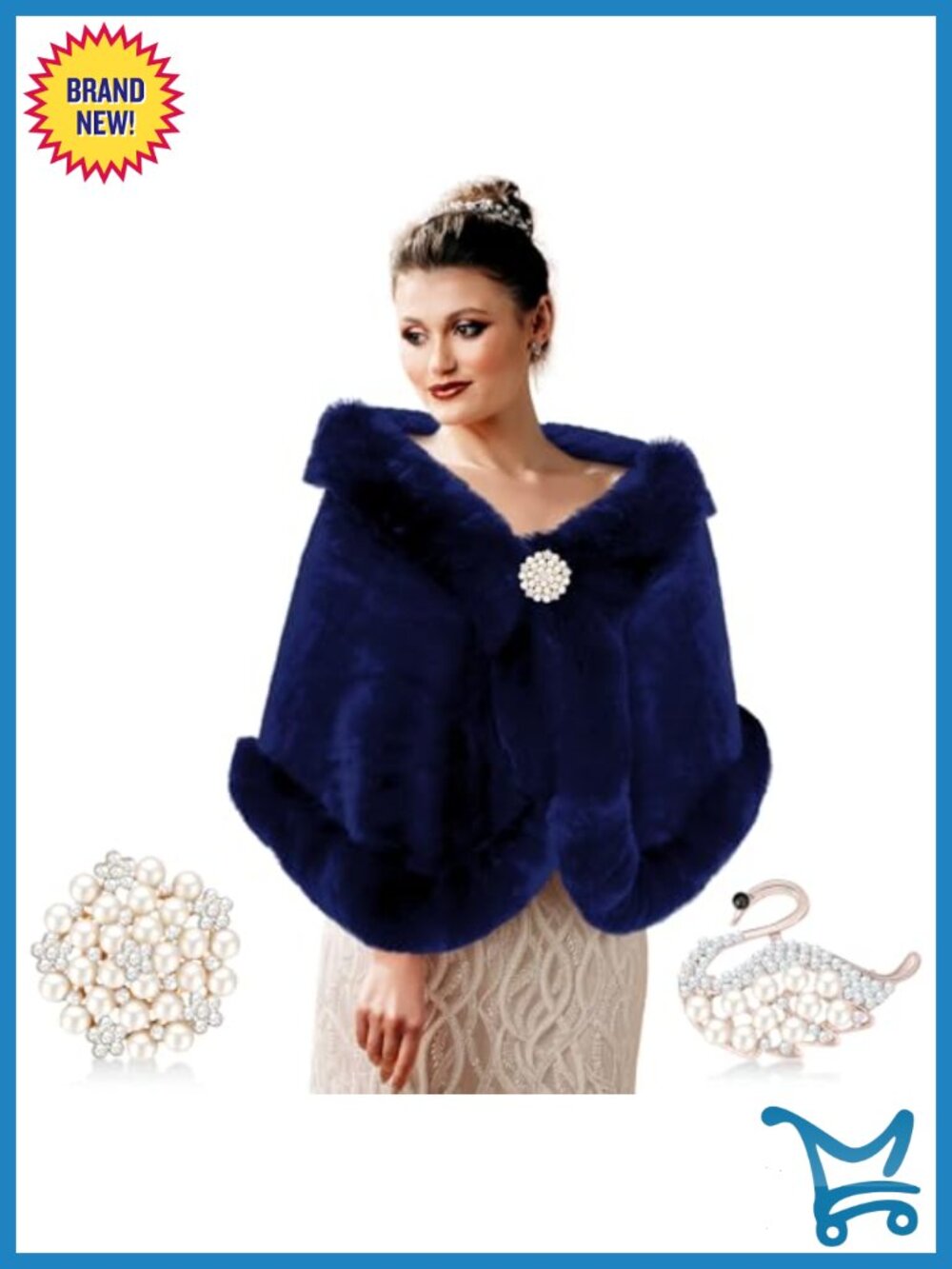 Faux Fur Shawl Wrap with Rhinestone Brooches Wedding Bridal Cape Stole Coat